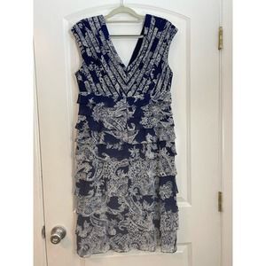 Adrianna Papell Blue Toile Off the Shoulder Chiffon Ruffle Dress Size 14